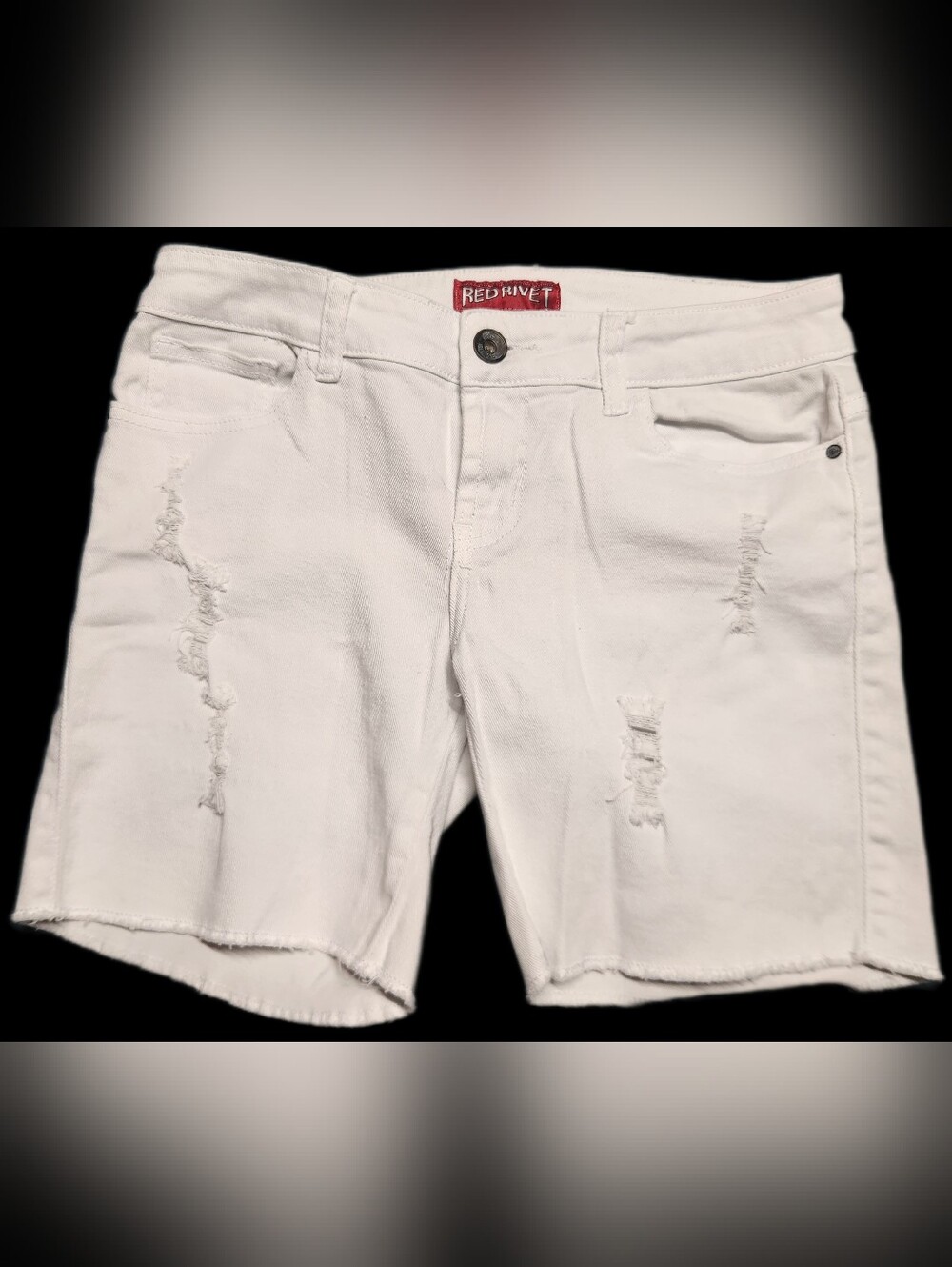 Red Rivet White Distressed Denim Shorts